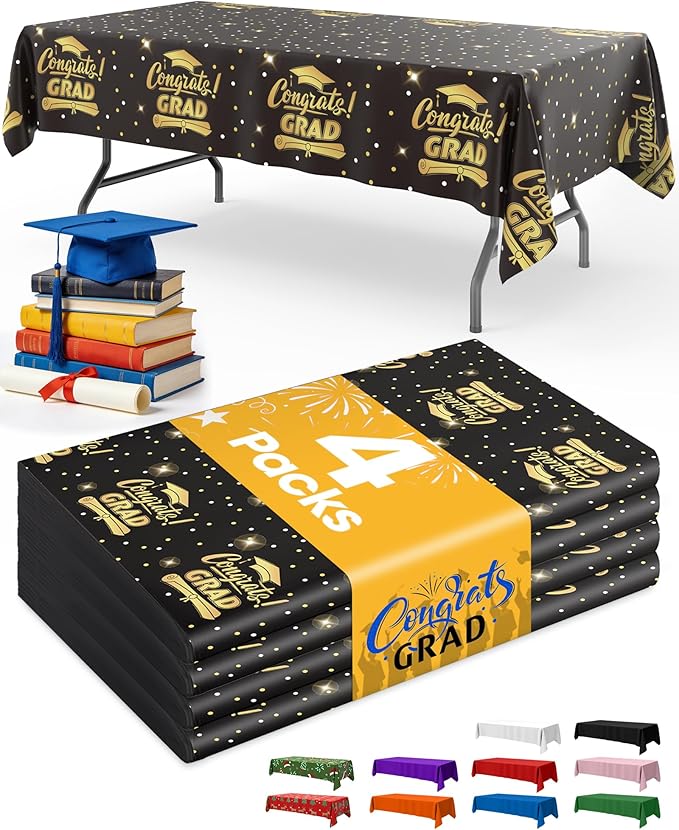 Graduation Black Plastic Table Cloth - 4 Pack 54" × 108" Rectangle Disposable Tablecloths for 6FT Tables, Table Cover for Party, Holiday & Gathering Use