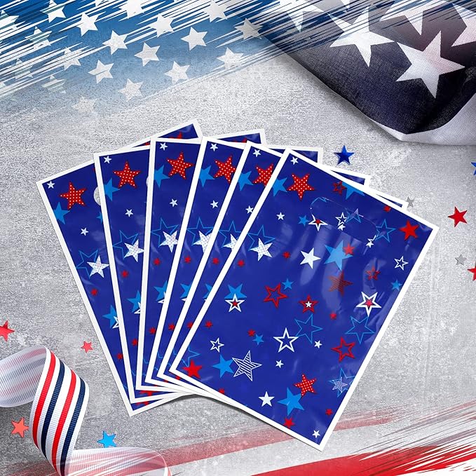 MASHAN 50 Pieces 4th of July Goodie Bags Bulk, Patriotic Gift Bags,Plastic Treat Gift Handles Bag with Red White Blue Star for Independence Day Memorial Day Veterans Day Decorations Party Supplies