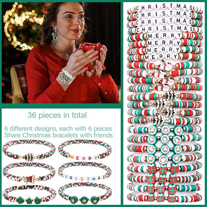 Cooluckday 36 Pcs Holiday Heishi Surfer Bracelets for Women Bulk Easter Mother's Day Christmas St. Patrick's Day Mardi Gras Bracelet Stackable Stretch Friendship Bracelets Set