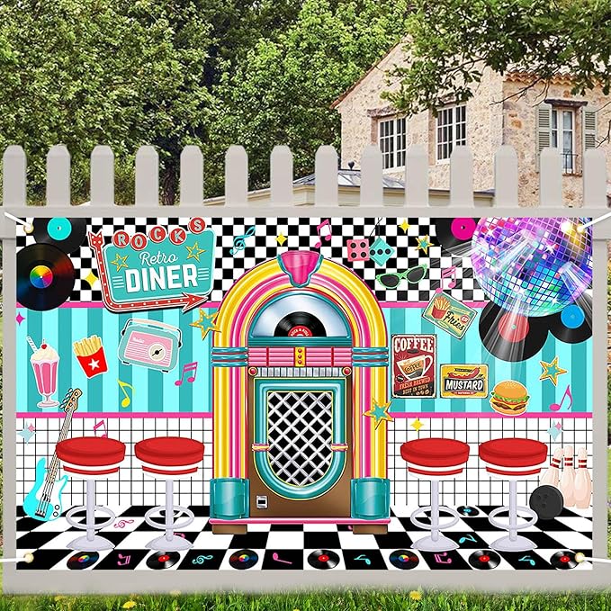 Avezano 50s Retro Diner Party Backdrop 50s Retro Rock and Roll Diner Classic Decoration Banner 1950s Sock Hop Party Decor 70.8 x 43.3 Inch