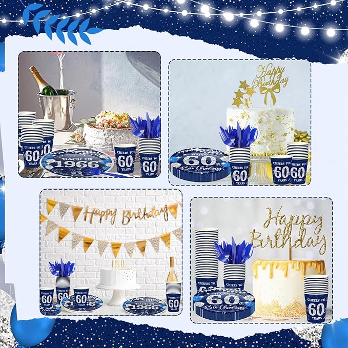 240 Pcs 60th Birthday Decorations 1966 Birthday Party Tableware Include Plates Napkins 9oz Cups Cutlery 60th Anniversary Party Supplies for Men Women Him Her, Serve 30 Guests (Blue Silver)