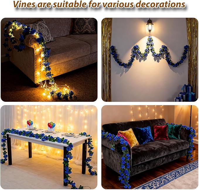 Miracliy 5Pcs 41FT Blue Flower Garland Artificial Rose Arch Vines Fake Spring Floral Garland for Flower Wall Backdrop Wedding Mothers Day Garden Tea Party Decoration
