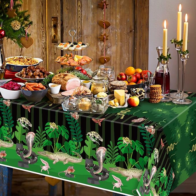 Disposable Plastic Table Cover - 3-Packs(54x108 Inch) Reptile Swamp Tablecloth Disposable Waterproof Plastic Rectangle Table Cover Player Sports Tablecloth Birthday Party Decoration Supplies