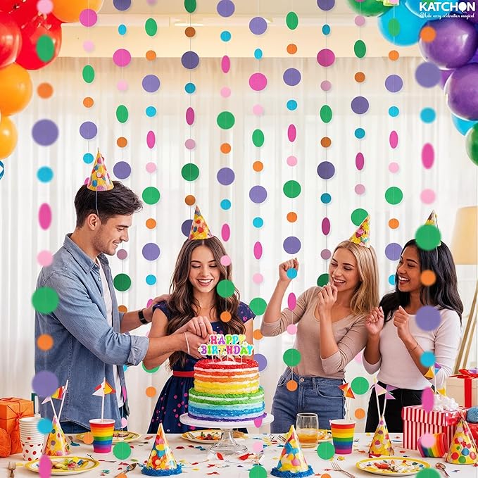 KatchOn, Circle Dots Paper Garland - 65 Feet, Pack of 5 | Colorful Rainbow Garland for Rainbow Birthday Decorations | Multicolor Hanging Decorations for Classroom Decor, Baby Shower, Unicor Birthday