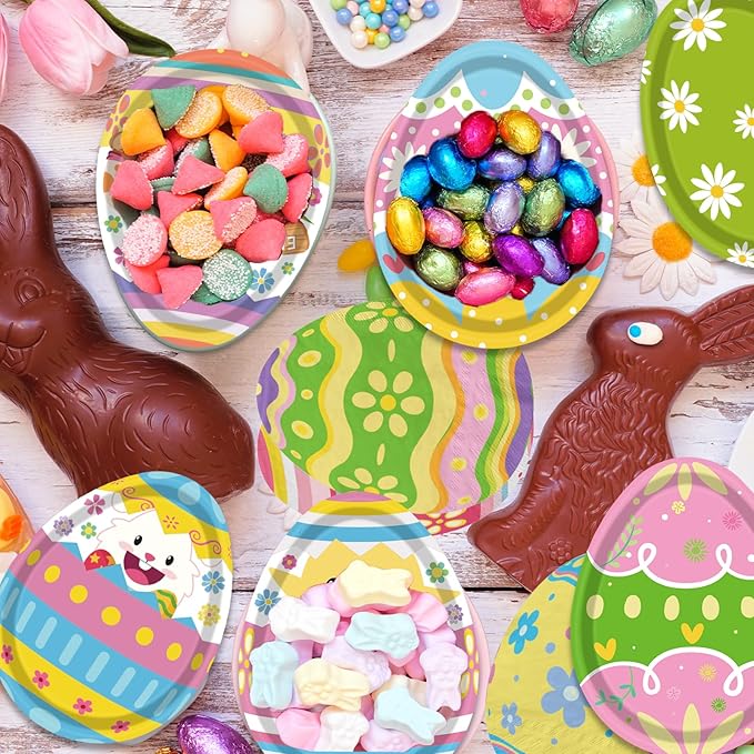 HAKOTI Easter Egg Tableware - 60 Pcs Bunny Egg Shaped Plates & Napkins Set for Happy Easter Dinnerware & Party Decorations