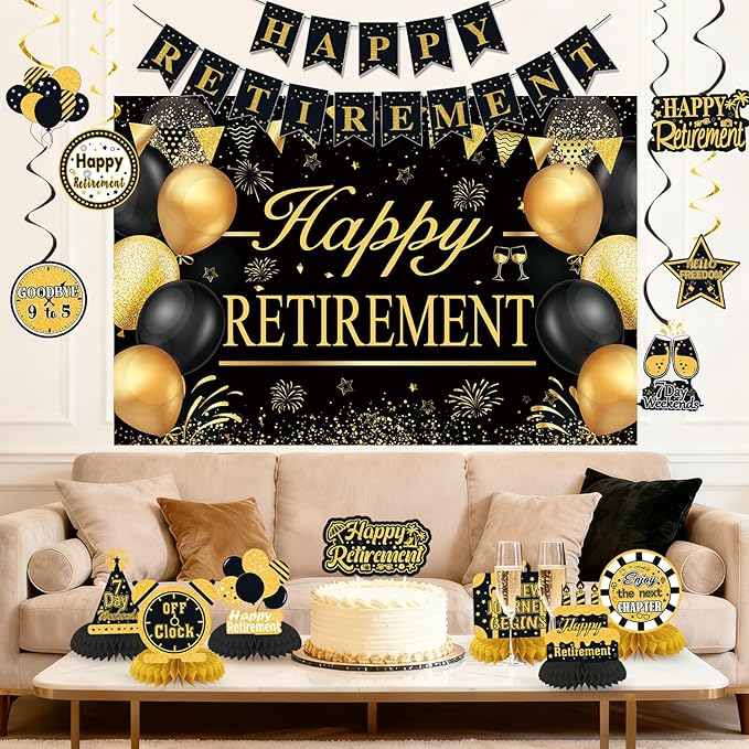 Retirement Party Decorations for Men Women Black Gold Happy Retirement Banner Backdrop Honeycomb Centerpiece Cake Topper Hanging Swirl Set