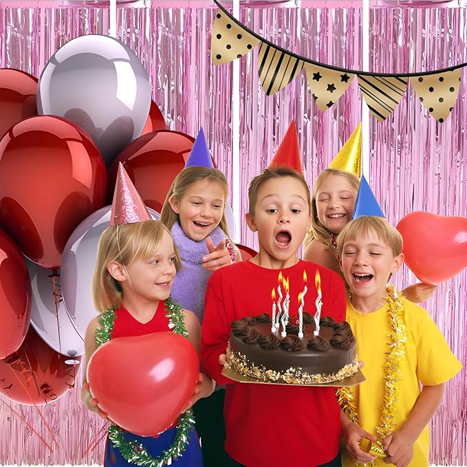 Valentines Day 4 Pack 3.3 * 8.3 ft Foil Curtain Metallic Tinsel Fringe Curtains Photo Booth Props Backdrop for Birthday Wedding Engagement Baby Shower Christmas Holiday Celebration Partyl,Pink