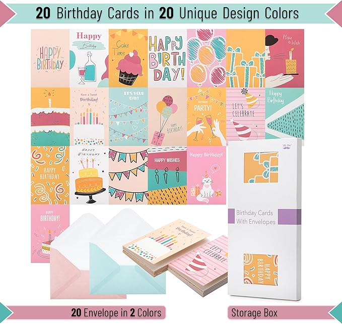 Mr. Pen Assorted Birthday Cards Pack - 20 Cards with Envelopes, 4 x 6 Inches