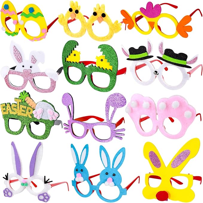 MGparty Easter Party Glasses Frame 12PCS Easter Bunny Ears Chick Eggs Glasses Easter Party Decoration Supplies Easter Photo Booth Basket Stuffers for Kids and Adults