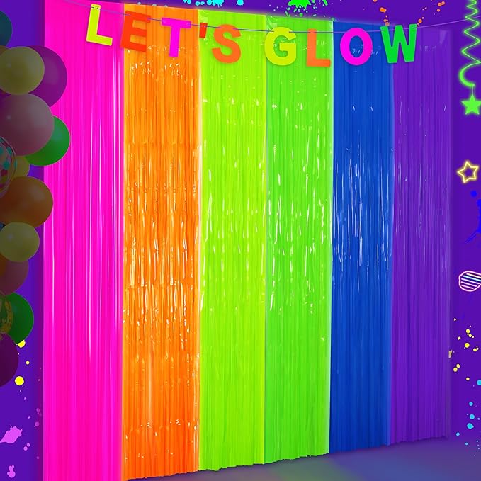 Glow in The Dark Tinsel Curtains 2 Pack - 3.3x6.6ft UV Reactive ‌Fluorescent Party Backdrop for Neon, Birthday, Pride Decorations, Pre-Taped, Lightweight Waterproof