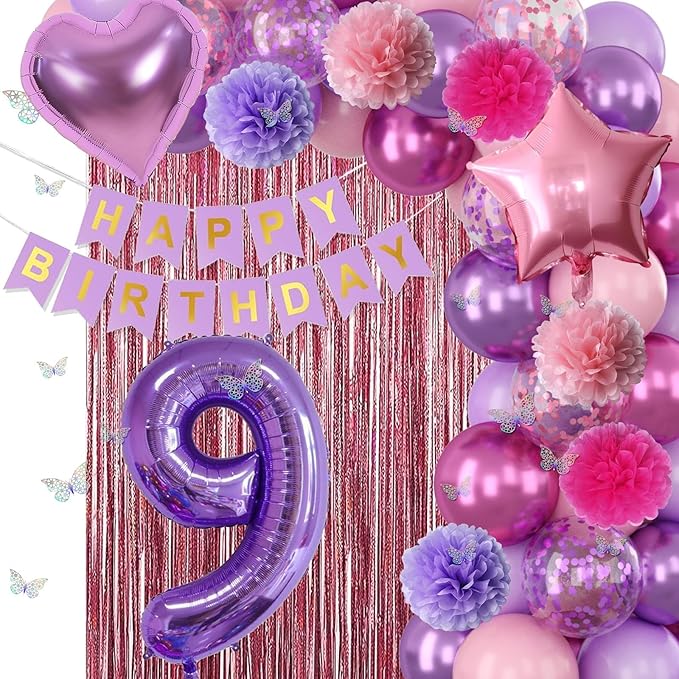 Pink Purple 9th Birthday Party Decorations for Girls Number 9 Balloon Happy Birthday Banner Butterfly Stickers Fringe Curtain Paper Pom Poms Metallic Hot Pink Star Foil Balloons 9 Year Old Princess
