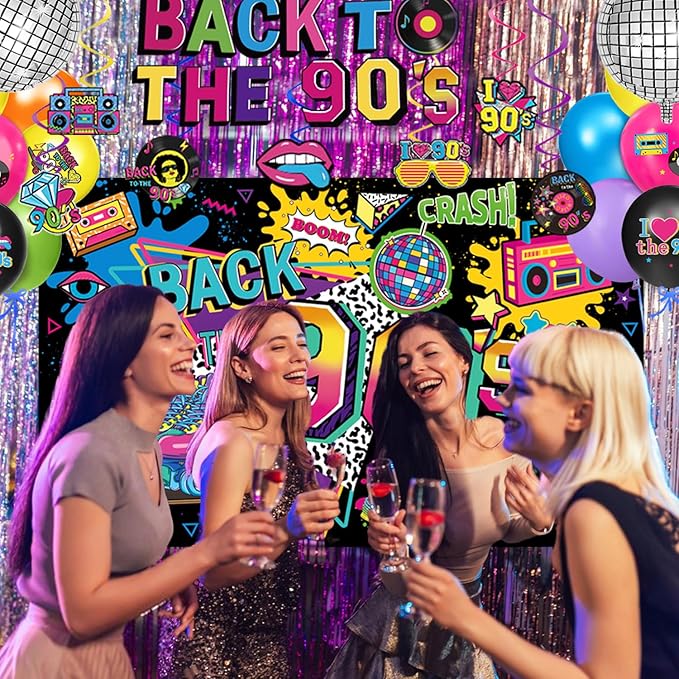 90s Party Decorations Includes 90's Backdrop, Foil & Latex Balloons, Cake & Cupcake Toppers, Honeycomb Centerpieces Banner, Hanging Swirls for 80s 90s Party Decorations