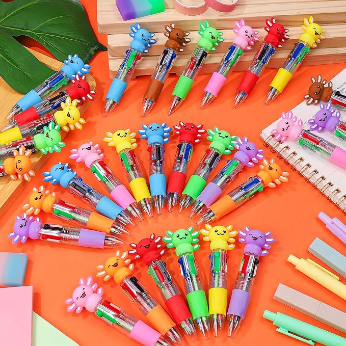 CZWZ 30Pcs Mini Multicolor Pens in One 4-in-1 Cute Pens Bulk, Ballpoint Pen for Birthdays and Parties, Fun Gifts Assorted Ink Kawaii Pen(Axolotl)