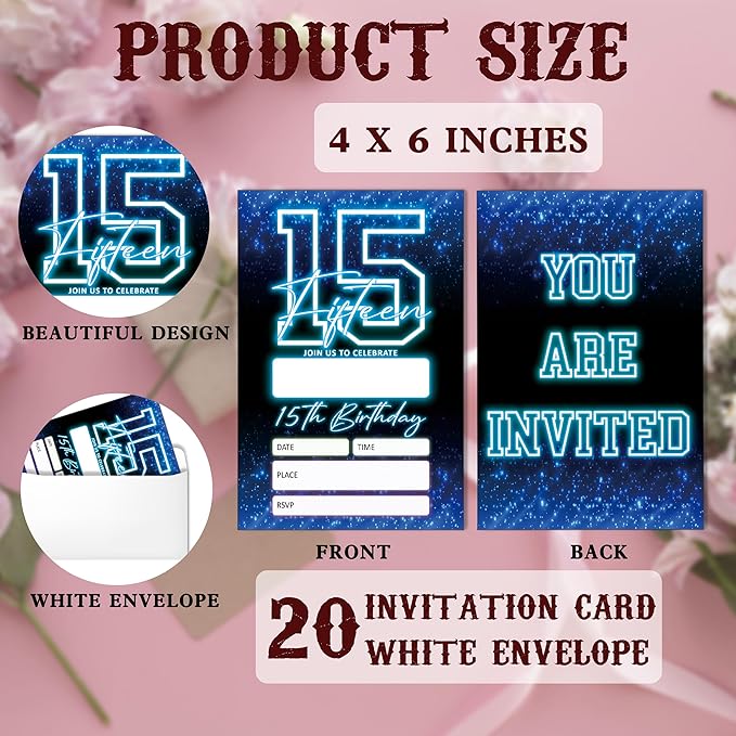 SIXEIGHT Blue 15th Birthday Invitations for Boys, Neon Glow Party Invitations for Girls Kids, 20 Pack Double Sided Invite Cards with Envelopes, 15th Glow Neon Birthday Party Decorations, 4x6 Inch-C48