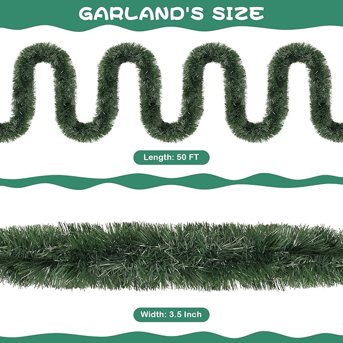 50FT Green Christmas Tinsel Garland, Artificial Greenery Garland for Tree Decorations, Faux PVC Soft Metallic Tinsel Twist Garlands for Xmas Home Indoor Decor