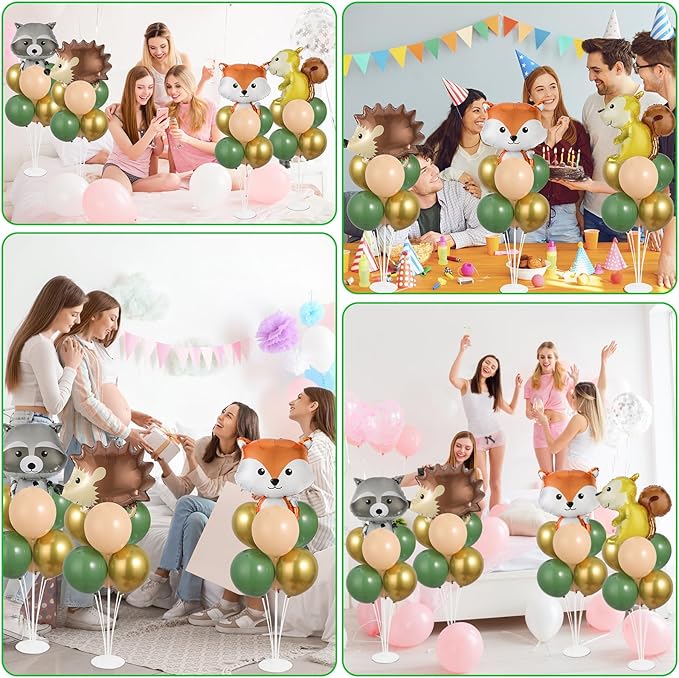 4 Sets Woodland Animals Party Balloons Stand Kit with Hedgehog Raccoon Fox Squirrel Foil Balloons Sage Green Brown Party Balloon Centerpiece for Tables for Forest Safari Jungle Birthday Party Decor