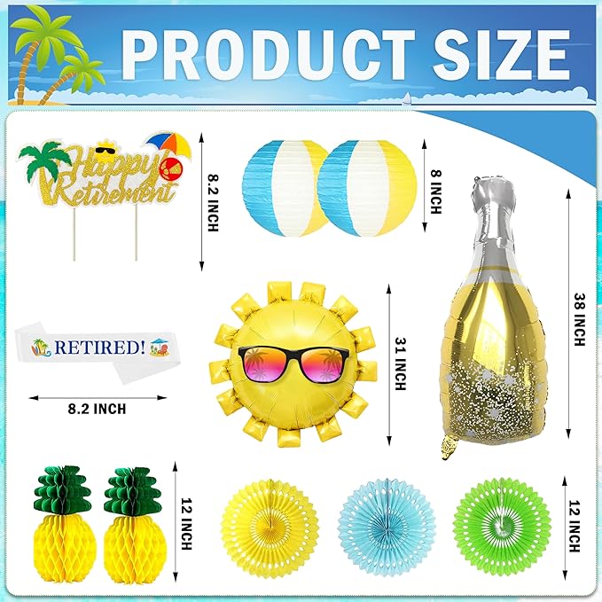 Tropical Hawaiian Luau Retirement Party Decorations, Summer Beach Pool Happy Retirement Party Supplies (Retirement Banner Garland Cake Topper Set Balloon Set Paper Lanterns Retired Sash)