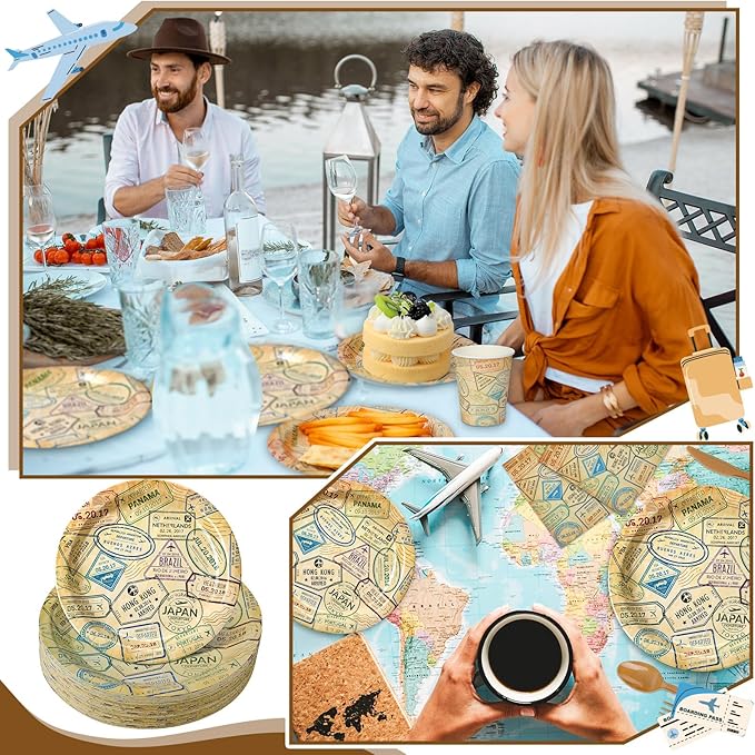 Yungyan 252 Pcs Travel Plates and Napkins Set Around the World Themed Party Supplies Disposable Voyage Travel Paper Napkins Plates Cups Airplane Adventure Retirement Party Decorations Serves 36 Guests