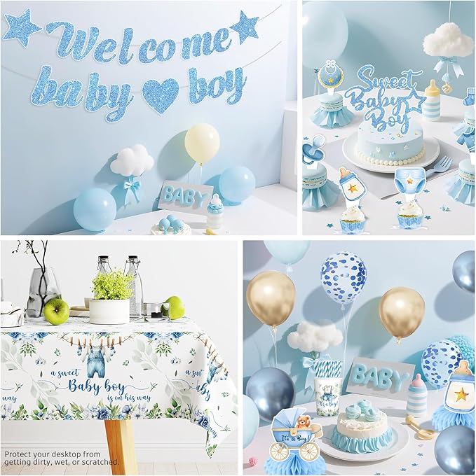 cocomigo 363PCS Blue Baby Boy Shower Decorations Tableware Set, 50 Serves Disposable Plates and Napkins Set, with Cake Topper, Centerpieces, Banner, Tablecloth, for Baby Boy Baby Shower Decorations