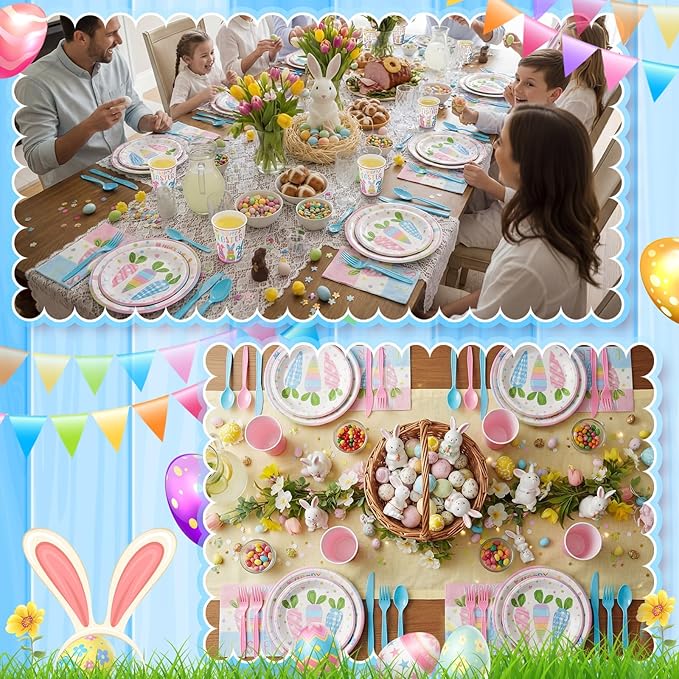 Honeydak 210 Pcs Happy Easter Party Supplies for 30 Guests, Includes Colorful Bunny Plates, Cups, Napkins, Cutlery - Cute Rabbit Carrot Tableware Decoration for Baby Shower Easter Party