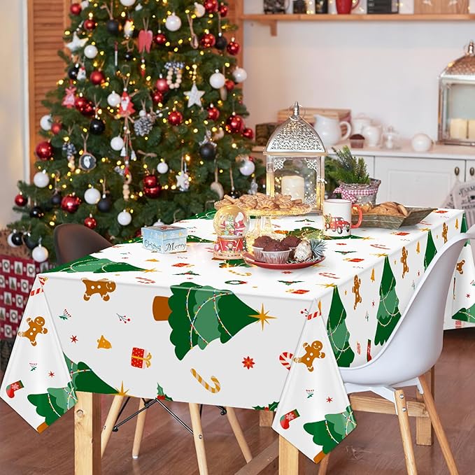 2 Pack Christmas Tree Tablecloth 54"x108" Disposable Plastic Waterproof Table Cloths Rectangular Table Cover for Merry Christmas Picnic Camping Outdoor Birthday Party Supplies