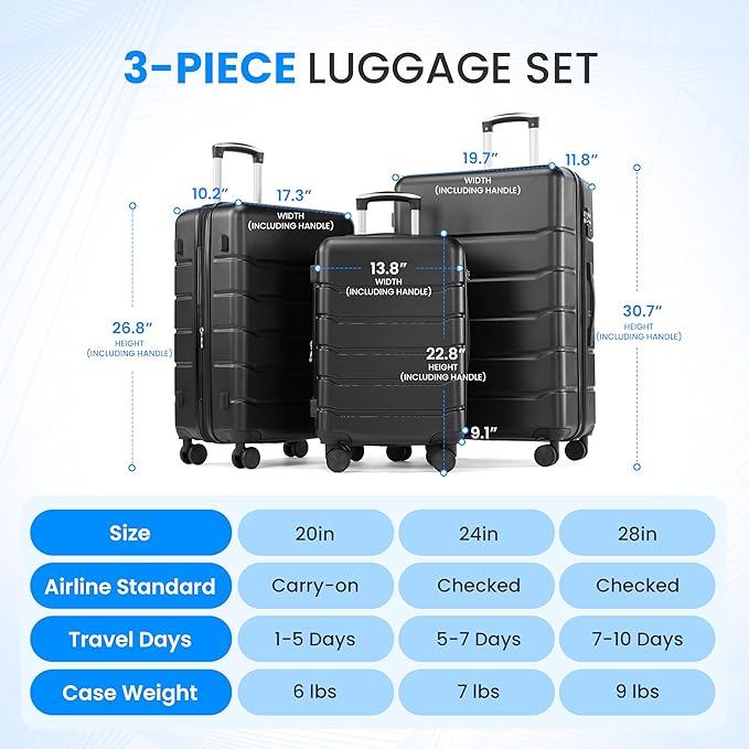 Simple Deluxe 20/24/28 Inch Expandable Hardside Carry On with Spinner Wheels & TSA Lock, ABS Hard Shell Lightweight Rolling Luggage Suitcase, Black