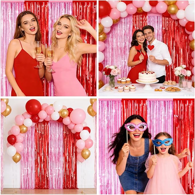 4 Packs Pink and Red Foil Fringe Curtain, Pink Red Metallic Tinsel Backdrop for Birthday, Baby Shower, Princess Bachelorette Party, Valentines Party Decorations Supplies