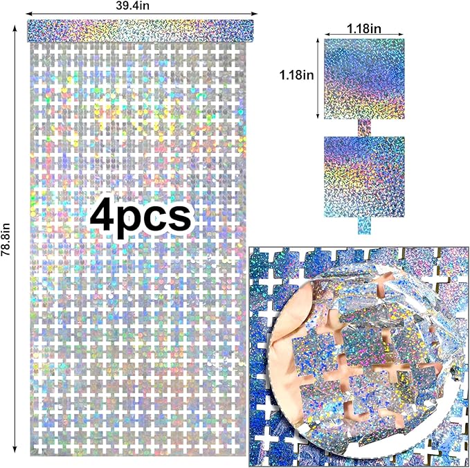 4 Packs Disco Foil Curtain, Silver Glitter Metallic Backdrop for Birthday, Wedding, Baby Shower, Bachelorette Party, 70s 80s 90s Theme Disco Party Decorations Supplies