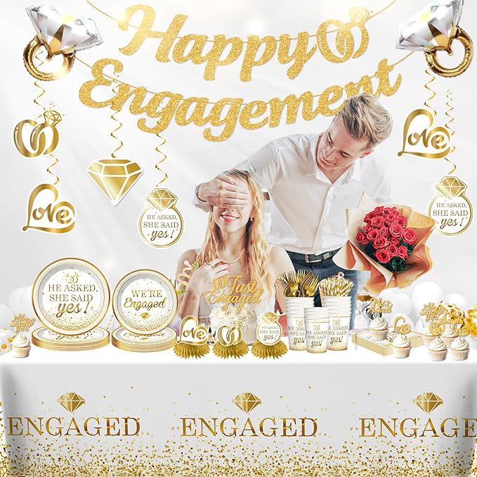 Engagement Party Decorations, Happy Engagement Banner Ring Foil Balloons He Asked She Said Yes Disposable Dinnerware with 2 Pcs Waterproof Engaged Tablecloth Wedding Proposal Decorations Party Decor