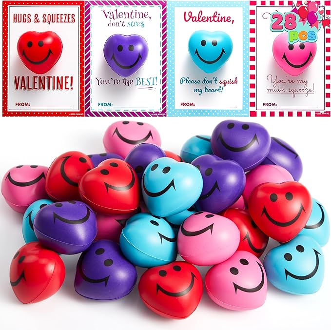 JOYIN 28 Packs Heart Shape Stress Ball with Cards Stress Relief Fidget Toy for Valentine Party Favors, Classroom Prize Supplies, Valentine’s Greeting Cards, Valentine Exchange Gifts