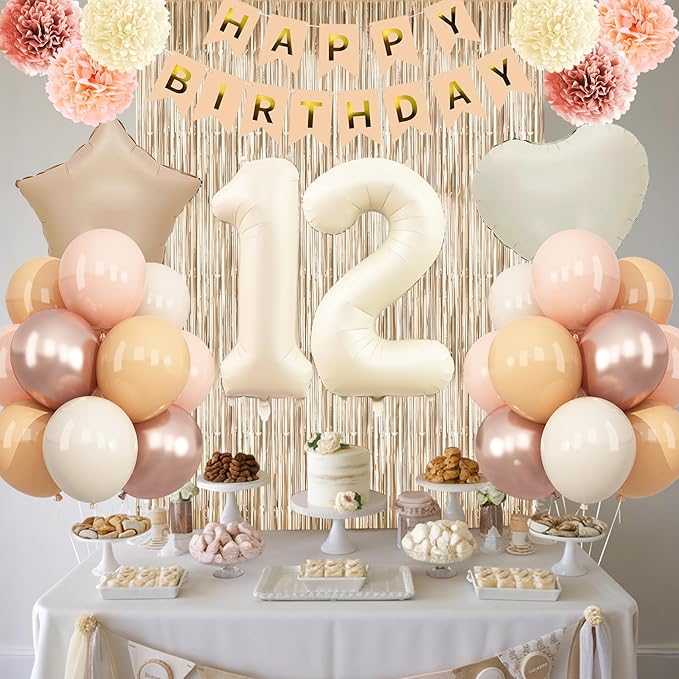 Beige 12th Birthday Decorations Girls Boys Cream Number 12 Balloon Nude Gold Happy Birthday Banner Fringe Curtain Paper Pom Poms Blush White Sand Champagne Star Foil Balloons Neutral Boho Party Decor