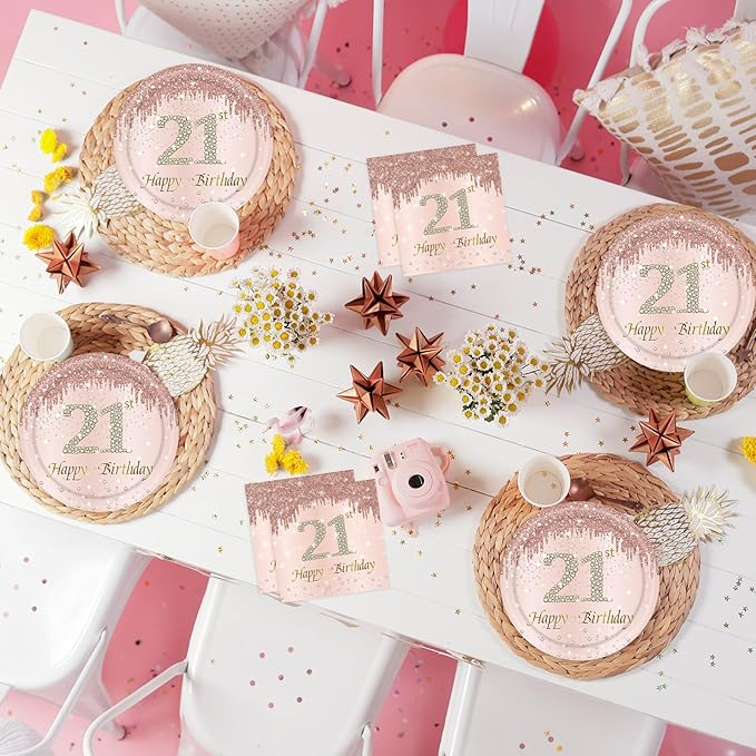 21st Rose Gold Birthday Plates and Napkins, 9 Inch Pink Rose Gold Disposable Dinner Dessert Plates Happy 21th Birthday Party Supplies Decorations for Girls Women