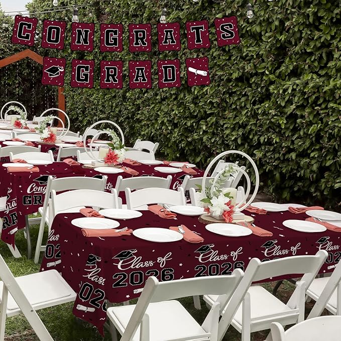 Gatherfun 2026 Graduation Decorations : 2-Pack Congrats Grad Disposable Tablecovers - Class of 2026 Maroon Themed Table Cloths, for Graduation Party Supplies & Graduation Backdrop, 54" X 108"