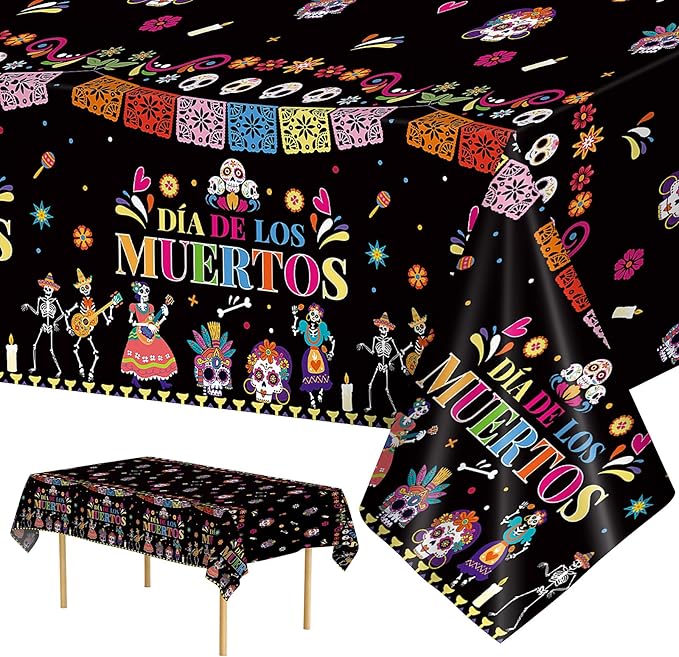 2 Pcs Day of The Dead Table Cloth - Plastic Dia De Los Muertos Tablecloth, Disposable Sugar Skull Floral Table Cover for Halloween Mexican Fiesta Party Decorations Supplies Favors, 108 x 54 Inch
