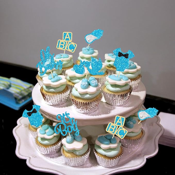 24Pcs Oh Baby Cupcake Toppers Blue Glitter It's a Boy Cupake Toppers with Swan Onesie Bottle Baby Shower Gender Reveal Cupcake Picks Decorations for Kids Boys Birthday Party Cake Decorations Supplies
