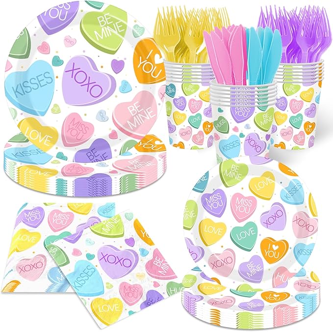 144Pcs Valentine's Day Tableware Set,Conversation Heart Valentines Day Plates and Napkins Colorful Love Valentine's Day Party Supplies for Anniversary Wedding Sweet Day Decor