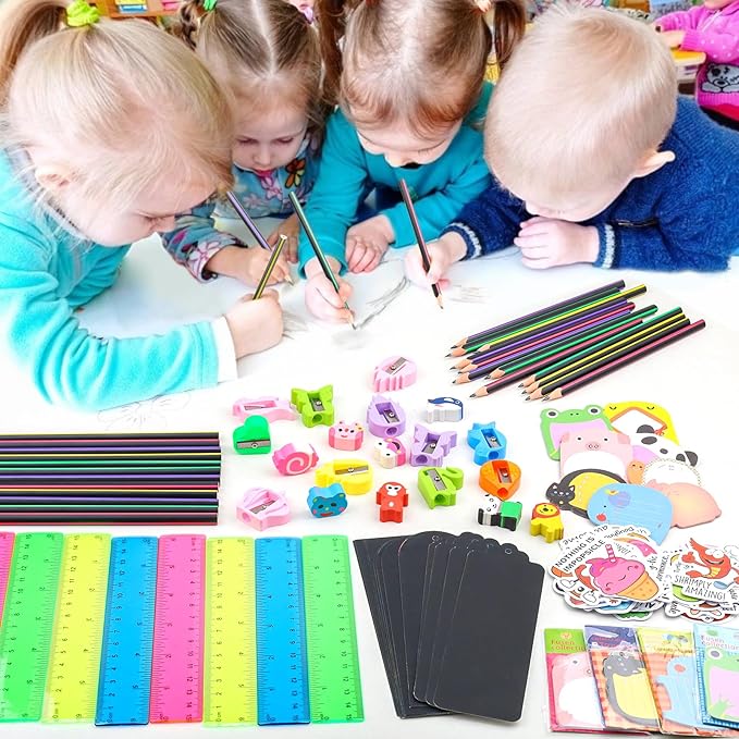 Stationery Party Favors, 24 Pack Birthday Goodie Bags for Kids with Pencils Rulers Sticky Notes Return Gifts Easter Stuffers Classroom Gifts Student Class