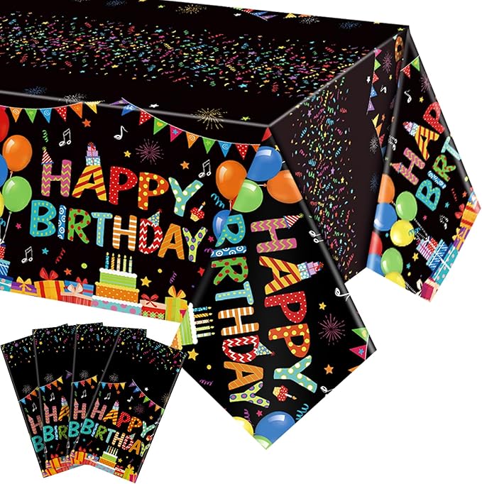 4 Pcs Happy Birthday Tablecloth 54'' x 108'' Disposable Birthday Table Cover Plastic Colorful Balloons for Kid Boy Girl Party Decoration Supplies(Black)