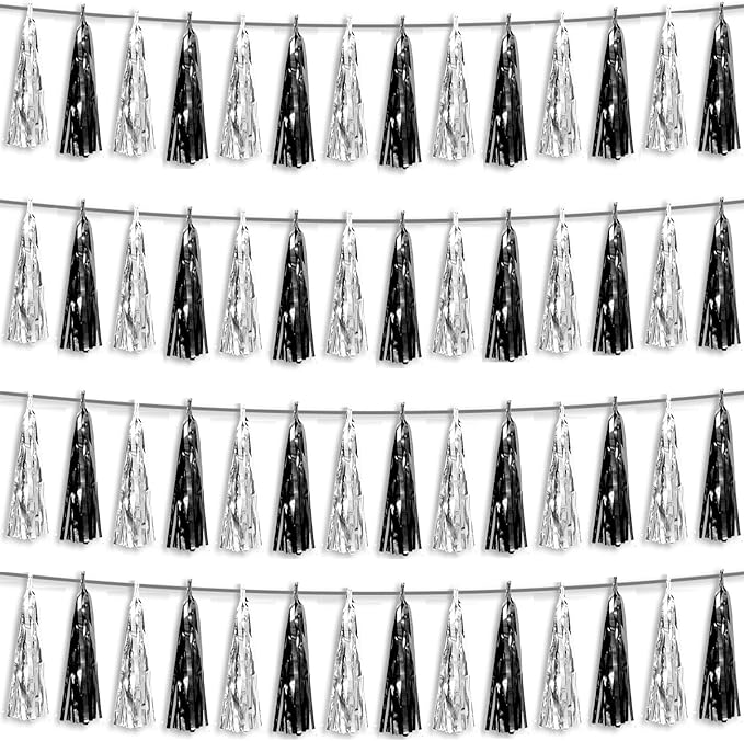 4P Black Silver Foil Fringe Metallic Tassel Streamers Banner Tassel Garland for Parade Floats, Graduation, Wedding, Birthday, Halloween, Christmas, Bridal/Baby Shower Party Decorations