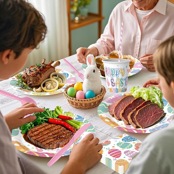 200PCS Easter Plates and Napkins Tableware Set, Easter Eggs Designed Disposable Dinnerware with Paper Plates, Napkins,Paper Cups,knives,Forks,Spoons and Straws for Party Supplies- Serves 25