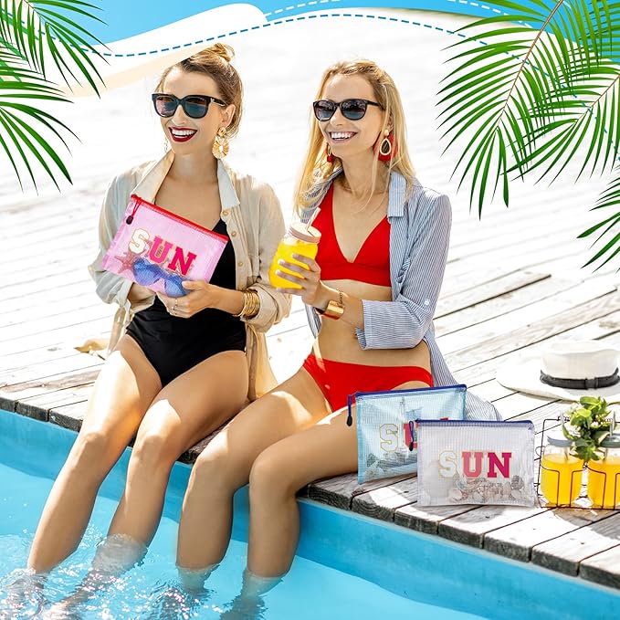 Kacctyen 12 Pcs Sunscreen Bag Clear Makeup Bag Beach Vacation Essentials Summer Pool Waterproof Toiletry Pouch Portable Preppy Letter Mesh Zipper Organizer for Women Family Travel Gifts(Pink,Sun)