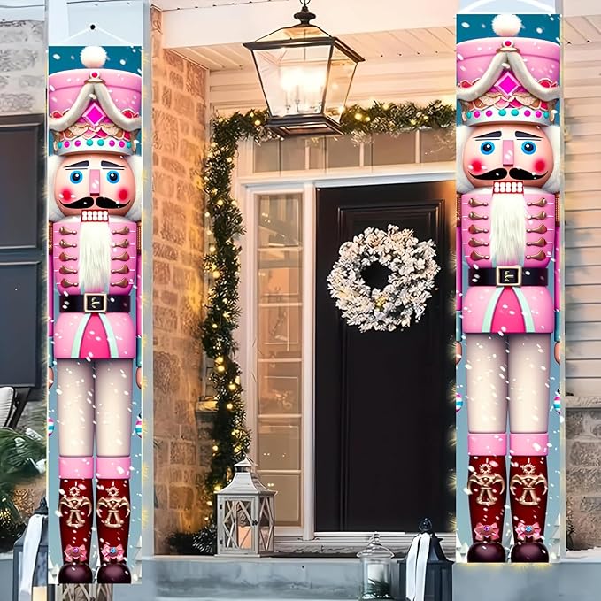 Pink Nutcracker Christmas Porch Banners 71x12 Inch Holiday Door Banner Decorations Hanging Soldier Welcome Signs for Xmas Indoor Outdoor Winter Front Door Party Décor