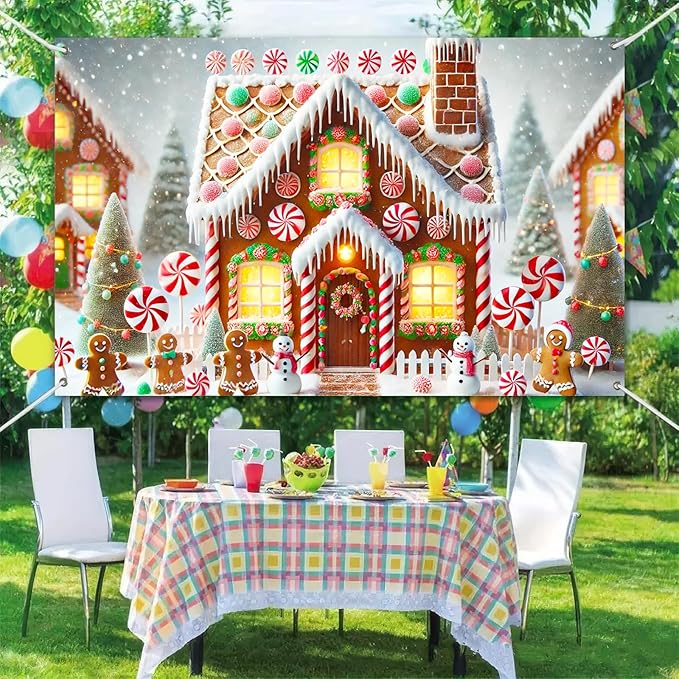 Christmas Banner Gingerbread House Peppermint Candy Cane Snowman Holiday Winter Wonderland Party Wall Decor Backdrop for Home Indoor Outdoor Photo Prop 71 X 43 Inches Large Banner