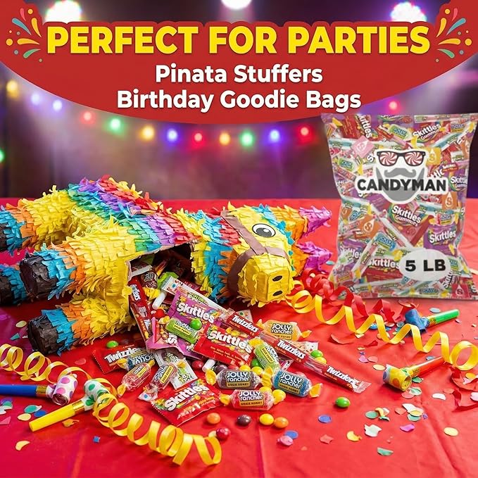 CANDYMAN Assorted Candy Variety Pack 5lbs of Pinata Stuffers, Bulk Candy for Party Favors Goodie Bags for Birthday Party, Candies in Bulk Individually Wrapped