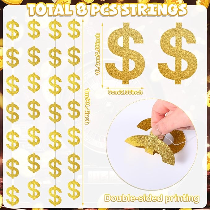 Xinnun Money Party Decorations Gold Old Dollar Sign Hanging Banners Currency Symbol Banner Cutouts Finance Investment Theme Ribbon Streamers for Casino Money Bachelorette Birthday Party Decor