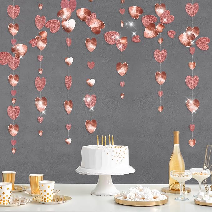 GCQQ 52Ft Rose Gold Heart Garland - Glitter Valentines Decorations 4 Packs Romantic Paper Heart Hanging Streamer for Bridal Shower Valentine's Day Party Backdrop Decorations