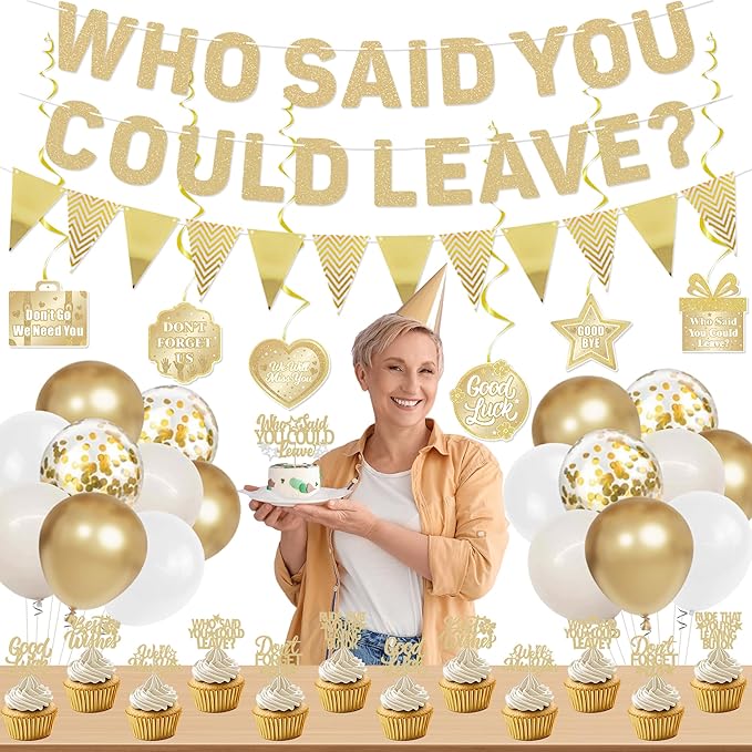 Roetyce Farewell Party Decorations, Champagne Gold Who Said You Could Leave Banner Cake Toppers Balloons Hanging Swirls, Going Away Retirement Leaving Party Decorations Coworker Goodbye Party Supplies