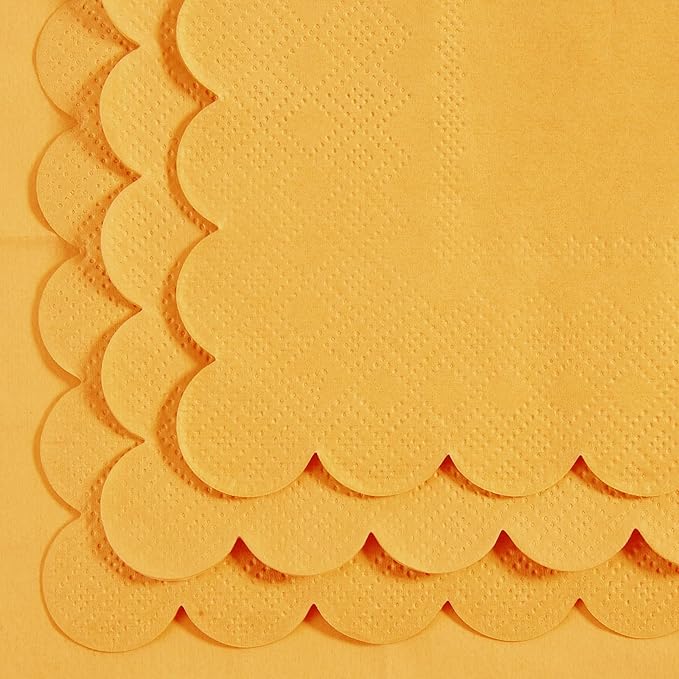 100 Pack Cocktail Napkin 2-Ply Scalloped Edged Dessert Napkins Folded 5 x 5 Inches Disposable Napkins for Dinner Wedding Birthday Party Bridal Anniversary Reception Event (Yellow)