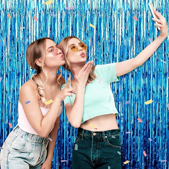 3 Pack Lake Blue Foil Fringe Curtain Backdrop, 3.28Ft x 6.6Ft Metallic Tinsel Foil Fringe Streamer Curtains for Photo Booth, Christmas Day, Thanksgiving, Wedding, New Year Party Decorations