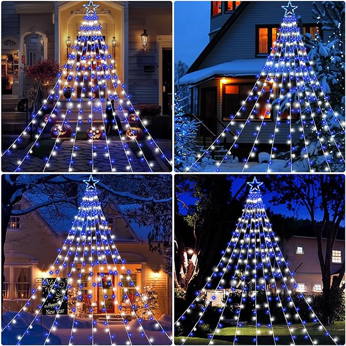 Christmas Decorations Outdoor,11.5 ft 317 LED Star Christmas Tree Lights,8 Memory Lighting Modes&Timer Star Light for Yard,Wedding,Party, Decorations(Blue+White)